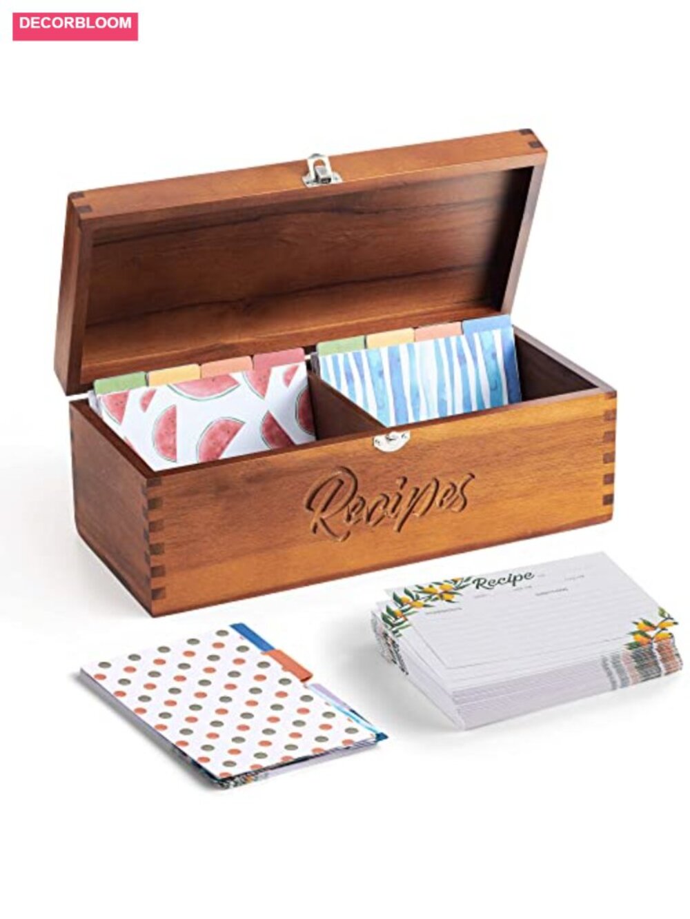 Acacia Wood Large Recipe Box with 100 Cards and 8 Dividers - Picture 1 of 6